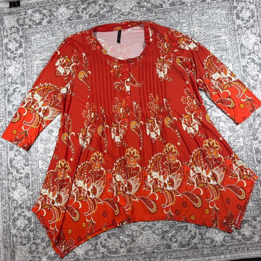 White Mark Womens Tunic Top 2XL Orange Paisley 3/4 Sleeve Sharkbite Boho Blouse